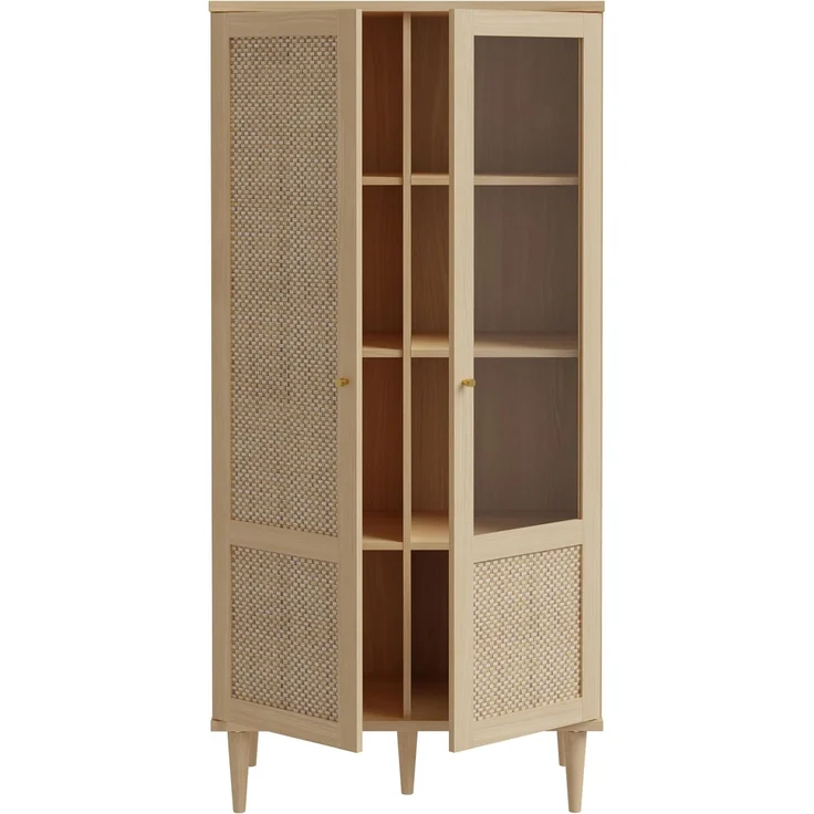 Forte CALASETTA Vitrine 80, Boho-Vitrinenschrank mit Rattangeflecht, 2-türig, Holzwerkstoff, Elegancia Eiche | Technorattan, 80,1 cm breit x 166,6 cm hoch x 41,4 cm tief – Bild 6