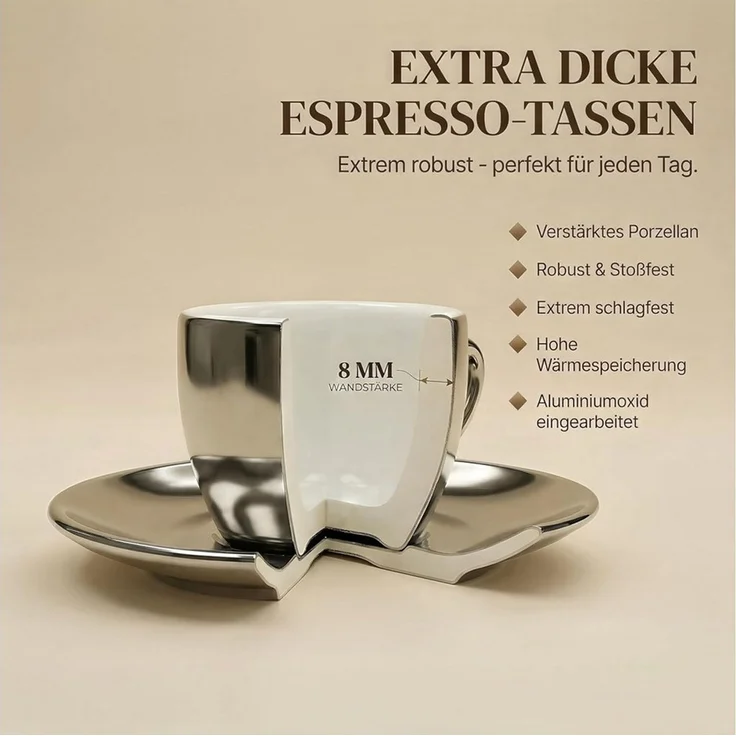 MUVELL Espressotasse 6x Espresso & Untertassen Set 0,8 cm dickwandig, chrome, 6-tlg, Keramik, 60 ml chrome mit weißen Rand und Innenfläche – Bild 3
