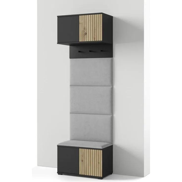 Garderoben-Set Rosario Version 5 mit Lamellen, mit Polsterplatten und Schuhschrank (Schwarz / Eiche Artisan, Trinity 14), 225 x 40 x 70 cm