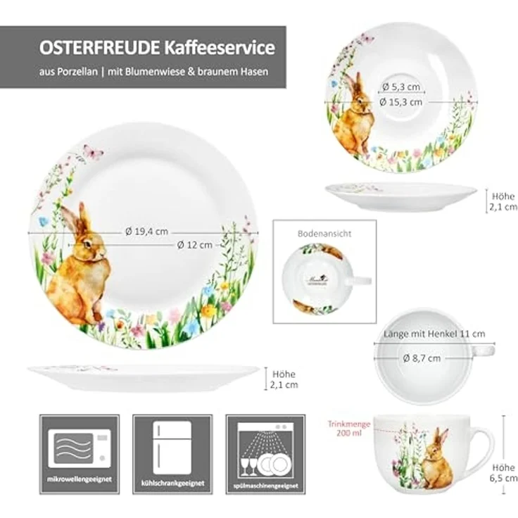MamboCat Kaffeeservice 18tlg Kaffeeservice Osterfreude Porzellan 6 Personen Hase, Porzellan – Bild 6