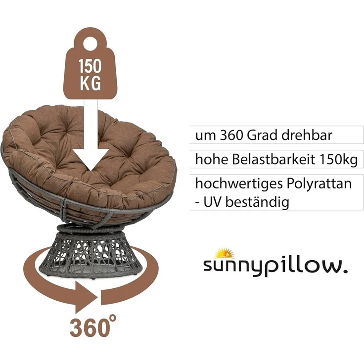 sunnypillow Rattanstuhl Papasansessel, Rattansessel mit Kissen rund Durchmesser 120 cm, Braun – Bild 3