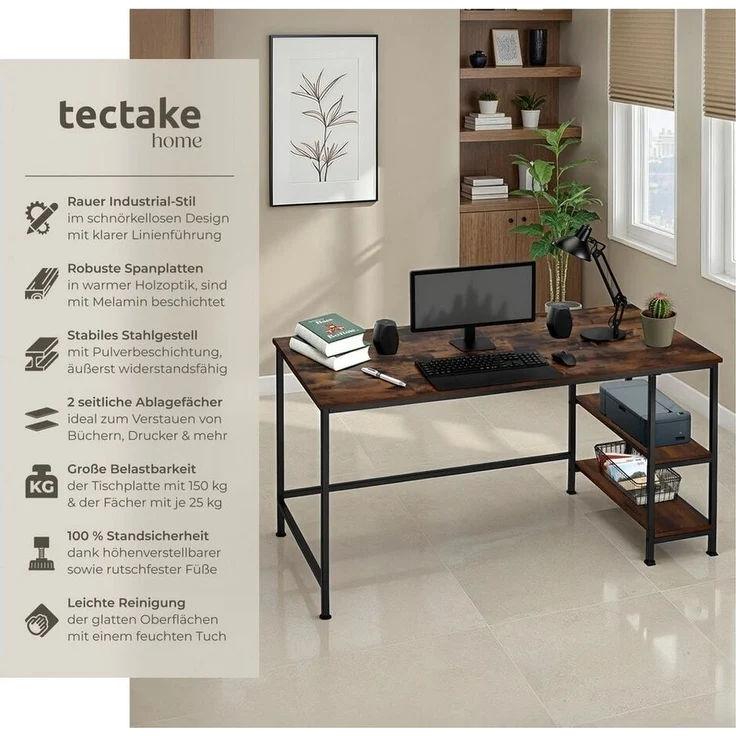 tectake Schreibtisch Computer-Schreibtisch (1-St, 1 tlg), Geradliniger Computer-Schreibtisch im minimalistischen Industrie-Stil – Bild 1