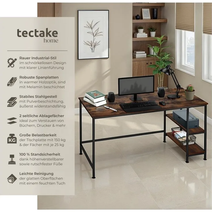 tectake Schreibtisch Computer-Schreibtisch (1-St, 1 tlg), Geradliniger Computer-Schreibtisch im minimalistischen Industrie-Stil
