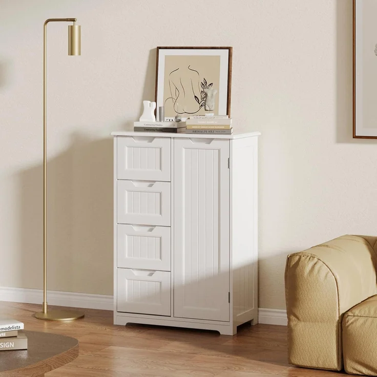 Bealife Badezimmerschrank Badschrank Schmal Beistellschrank mit 4 Schubladen Schranktür Verstellbare Trennwand Geeignet für Badezimmer Wohnzimmer Küche Flur – Bild 7