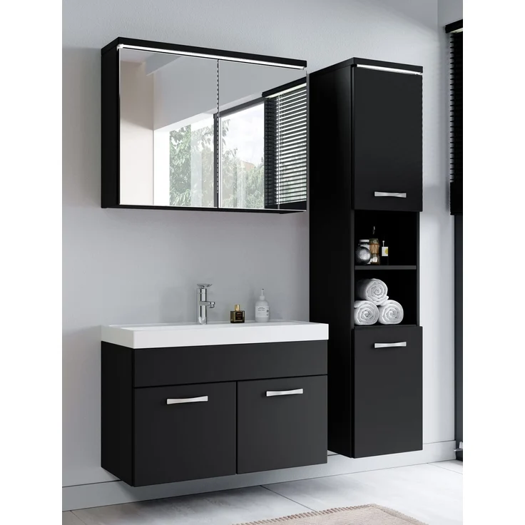 Badplaats Badmöbel Komplettset Paso LED 80 x 40 cm Schwarz Matt - Badezimmermöbel mit Waschbecken, Spiegelschrank und Badezimmerschrank – Bild 2