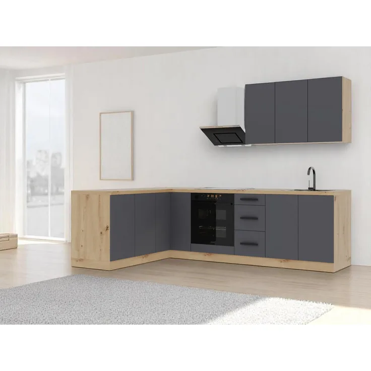XXXL Xxxl Winkelküche L-Form, grau, Holz, 270x212x170 cm, inklusive 7 Küchenmöbel-Set, ohne Geräte