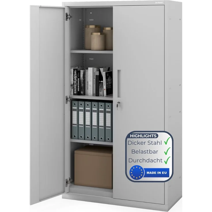 Metallschrank mit Sockel RUEL - 160x90x40cm Grau | Büroschrank Aktenschrank Stahlschrank Fachbodenschrank Werkstattschrank – Bild 1