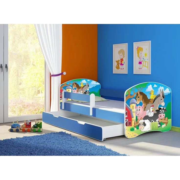 ACMA Kinderbett Jugendbett mit Einer Schublade und Matratze Blau mit Rausfallschutz Lattenrost II 140x70 160x80 180x80 (34 Farm, 160x80 + Bettkasten) – Bild 2