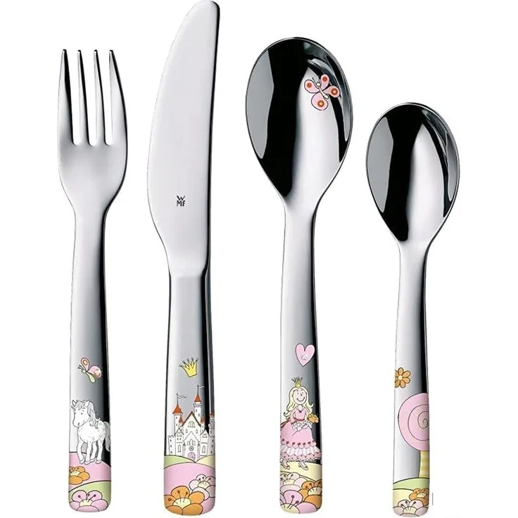 WMF Prinzessin Anneli Kinderbesteck Set 4-teilig, Kinderbesteck Mädchen Edelstahl, Kinderbesteck ab 3 Jahre, Cromargan poliert, spülmaschinengeeignet