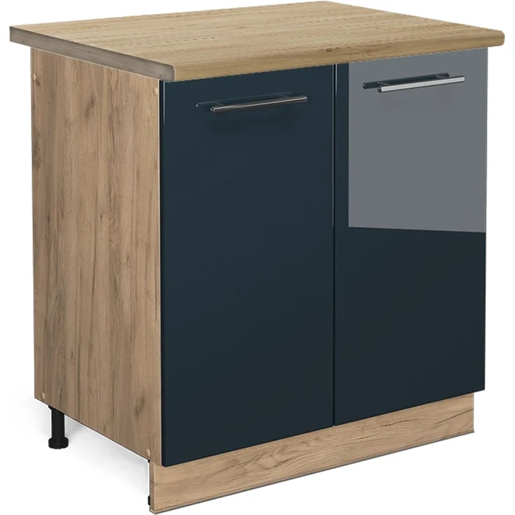 Spülenunterschrank Fame-Line Dunkelblau Hochglanz 80 cm , AP Eiche Vicco – Bild 1