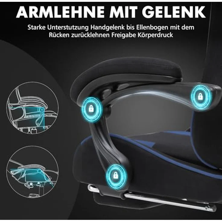 GTPLAYER Gaming Stuhl, Bürostuhl, Ergonomischer Pc Stuhl, Gaming Sessel mit Massagelendenwirbelstütze, Task Stühle mit Fußstütze und Kopfstütze, Blau Stoff – Bild 7