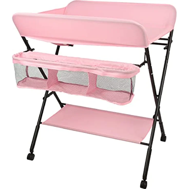 Baby Wickelkombi Klappbare Wickelkommode,Wickeltisch mit Rollen,Mobiler Wickeltisch mit Wickelauflage,Sicherheitsgurt und Ablagefächern-80 * 66 * 98cm (dunkelrosa) – Bild 7