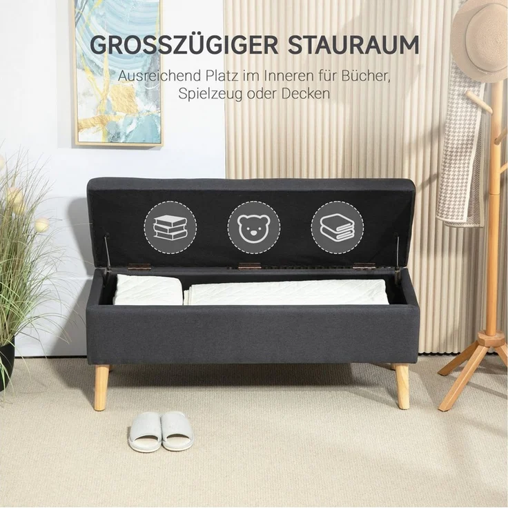 HOMCOM Sitzbank mit Stauraum, Leinenoptik für Flur Schlafzimmer Wohnzimmer (Truhenbank, 1-St, Polsterbank), Gummiholz Dunkelgrau 110 x 39 x 45 cm – Bild 4