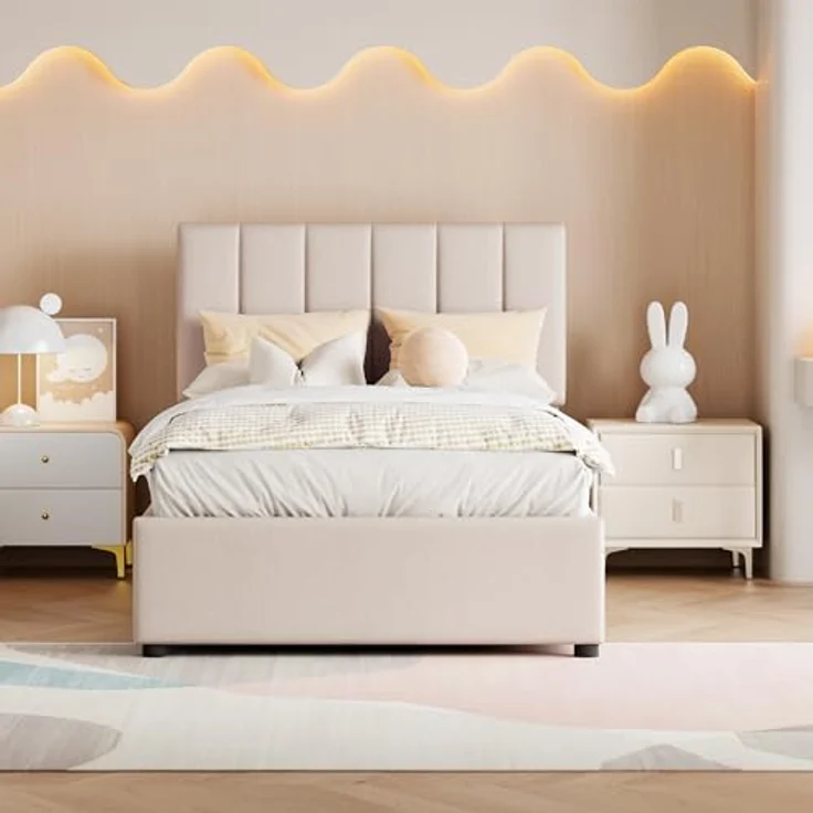 FAVSH Boxspringbett Einzelbett 90 x 200 cm - Hydraulisches Stauraumbett mit Lattenrost, Polsterbett mit Stauraum für Kinderbett Jugendbett mit Verstellbares Kopfteil, Leinen (Beige) – Bild 8