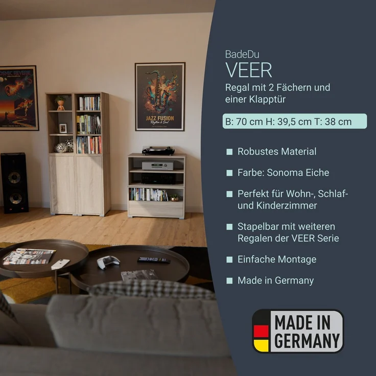 BADEDU VEER Regal 70 cm breit, Braun, 2 Fächer mit Tür – Bild 2