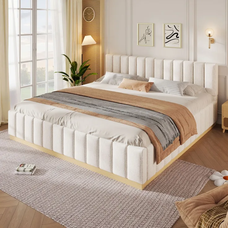 Polsterbett, Doppelbett, 180 x 200 cm, Bett mit Lattenrost, Kopfteil,Gepolstertes Kopfteil, Ohne Matratze, Beige Chenille
