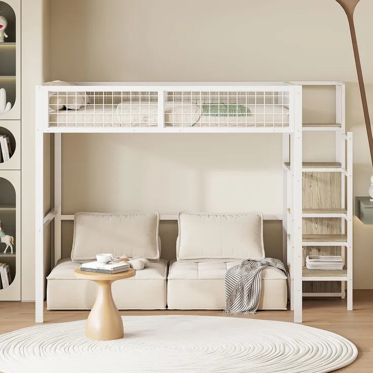 Bett 140x200 cm Hochbett mit Kleiderschrank und Leiter aus Metall – platzsparendes Kinderzimmer-Design