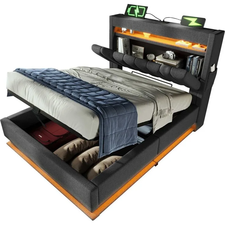 BlingBin Polsterbett Stauraumbett (1-tlg, hydraulischem Stauraum und Regal im Kopfteil, ohne Matratze), 90x200 cm mit LED-Beleuchtung, USB- & Typ-C-Ladefunktion