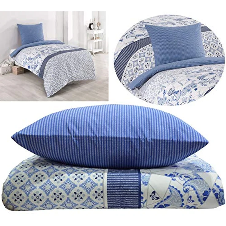 Buymax Bettwäsche Wendebettwäsche, Bettbezug-Set, 100% Baumwolle Renforce, 3 teilig, 200x220 cm, Reißverschluss, hochwertig, Blau, Weiß – Bild 3