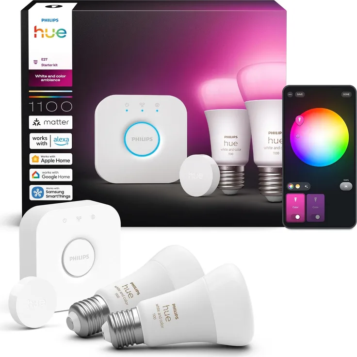 Philips Hue Starter Kit: Bridge+3x E27 Smarte LED Lampen+Smart Button Dimmer, White and Color Ambiance, Funktioniert mit Apple Home, Amazon Alexa, Google Assistant, Samsung SmartThings