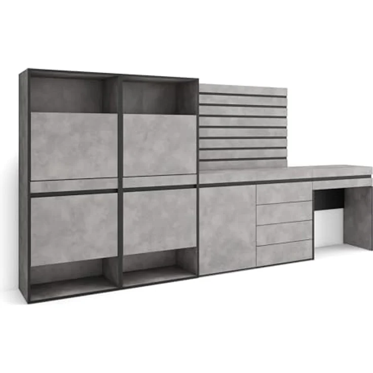 Skraut Home | Schuhregal, Schuhschrank | Schuhaufbewahrung | 297 x 145 x 35 cm | Für Schlafzimmer, Zimmer | Kommode mit Schubladen | Lamellenwand Holz | Schminktisch | Moderner Stil | Zement – Bild 1