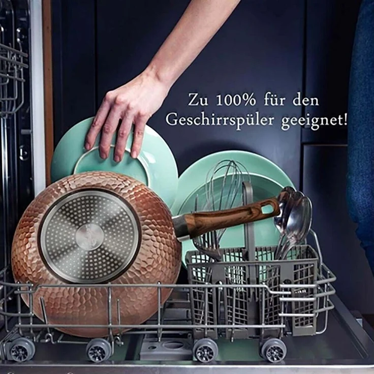 KVOTA Wok Pfanne abnehmbarer Holzoptik-Griff Deckel Ø32cm Antihaft Groß 4,7L, Aluminium, Außenseite mit temperaturbeständiger Beschichtung – Bild 2