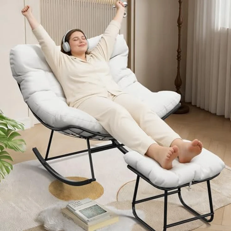 GarveeHome Schaukelstuhl Oversized mit Fußhocker, Schaukelsessel mit dickem Kissen & Metallrahmen, Relaxsessel für Poolside, Garten und Hinterhof, Tragfähigkeit – Bild 2