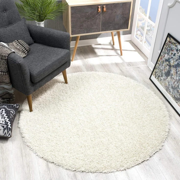 SANAT Teppich Rund - Creme Hochflor, Langflor Modern Teppiche fürs Wohnzimmer, Schlafzimmer, Esszimmer oder Kinderzimmer, Größe: 150x150 cm – Bild 1