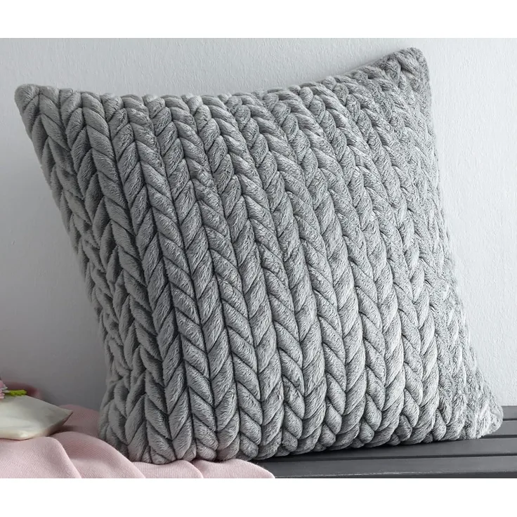 Kissenhülle "Zopfmuster" in grau, 45x45 cm, samtig weich, Kissenbezug mit Strickmuster, Zierkissenbezug