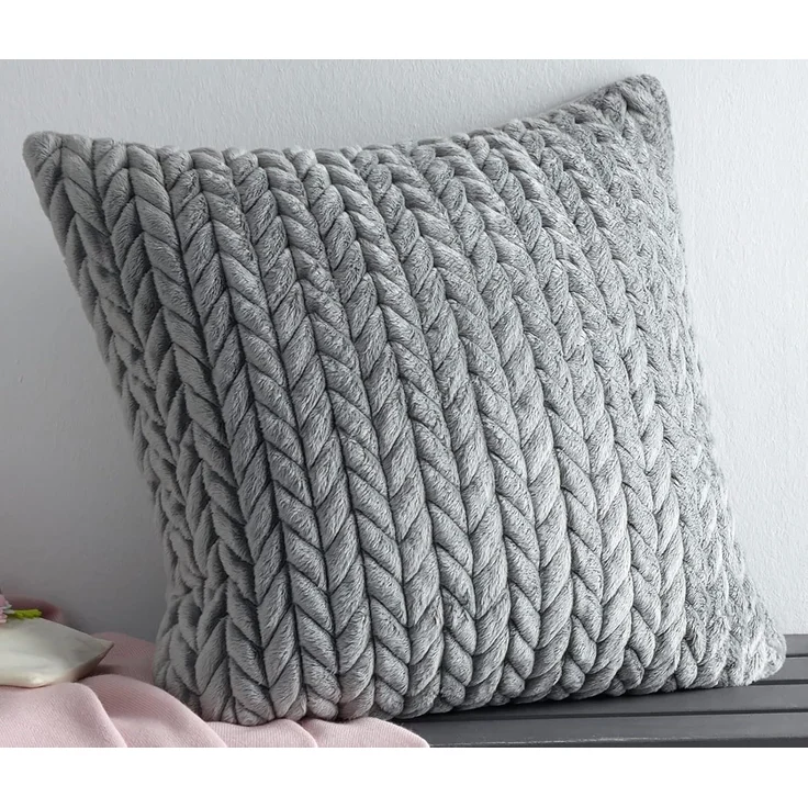 Kissenhülle "Zopfmuster" in grau, 45x45 cm, samtig weich, Kissenbezug mit Strickmuster, Zierkissenbezug – Bild 1