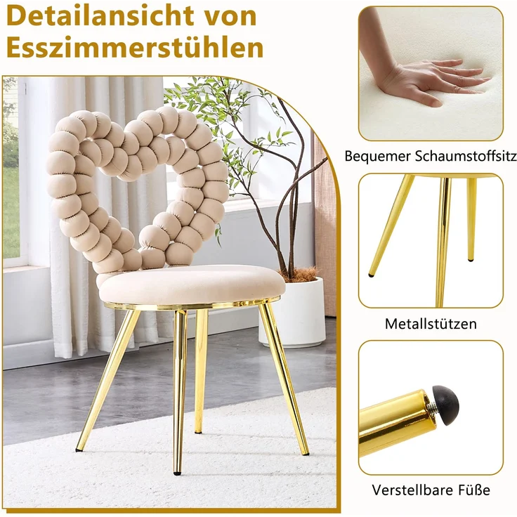 LVHOM 2er Set Esszimmerstuhl mit herzförmiger Rückenlehne, Polsterstuhl aus Samt & Metall, Designstuhl für Büro, Schminktisch und Wohnzimmer, Khaki – Bild 4