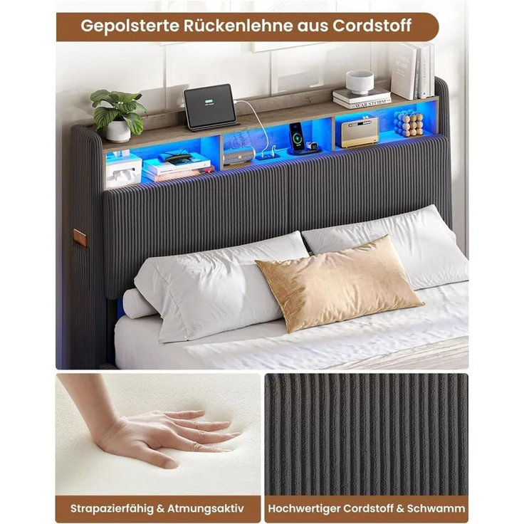 MSMASK Polsterbett Schwebebett mit 270°-LED-Beleuchtung, USB & Type-C Ladestation (Ohne Matratze), Doppelbett mit Stauraum-Kopfteil 140x200 cm – Bild 4