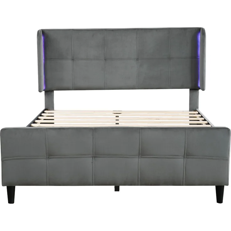 Polsterbett 140x200 Grau mit LED 16 Farben, Samt Doppelbett mit gesteppter Lehne, höhenverstellbarem Kopfteil, modernes LED-Bett – Bild 7