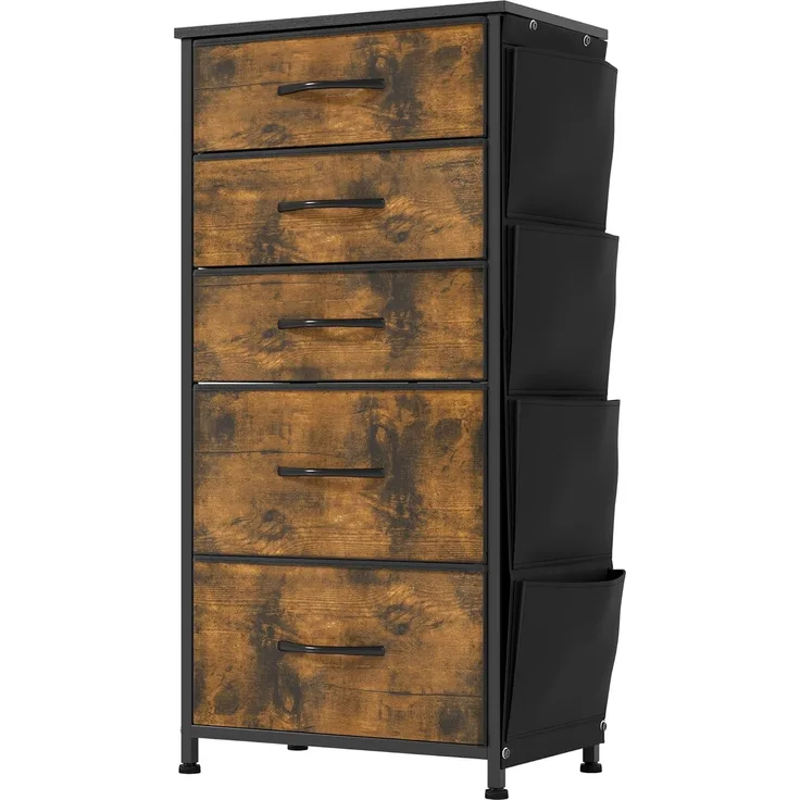 YITAHOME Kommode,Kommode mit 5 Schubladen,Schrank mit Haken und Seitentaschen,Stoffschubladen mit Griffen,Metallgestell,Dauerhaft,Rustikal Braun