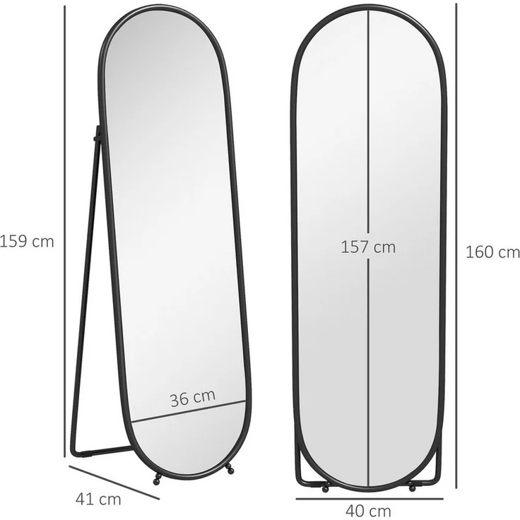HOMCOM Standspiegel 160 x 40 cm, mit Ständer (Ganzkörperspiegel aus Metall, 1-St, Wandspiegel), für Wohnzimmer, Schlafzimmer, Schwarz – Bild 2