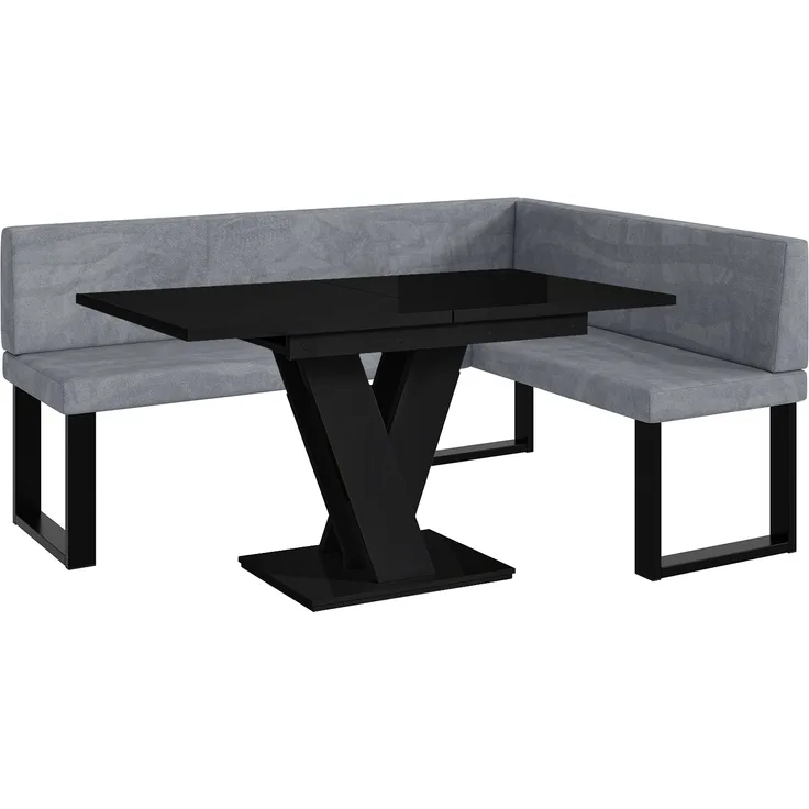 MEBLINI Eckbank für Esszimmer mit ausziehbarem Tisch - Küchenbank - Essecke - Sitzecke Küche - TONI - U-Beine 128x168x87cm Rechts - Grau Samt/M Schwarz Hochgl.