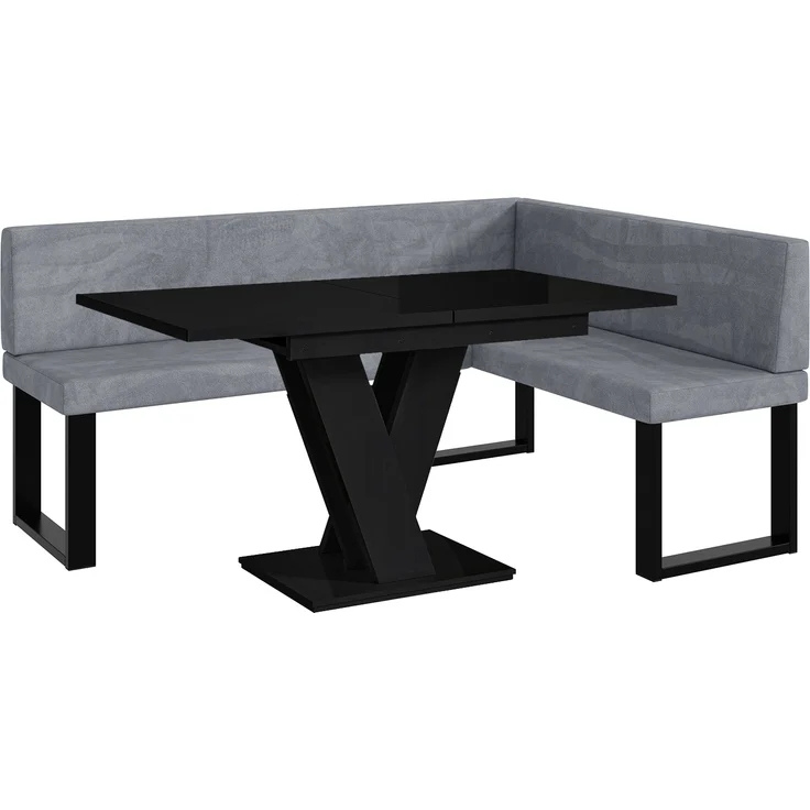 MEBLINI Eckbank für Esszimmer mit ausziehbarem Tisch - Küchenbank - Essecke - Sitzecke Küche - TONI - U-Beine 128x168x87cm Rechts - Grau Samt/M Schwarz Hochgl. – Bild 1