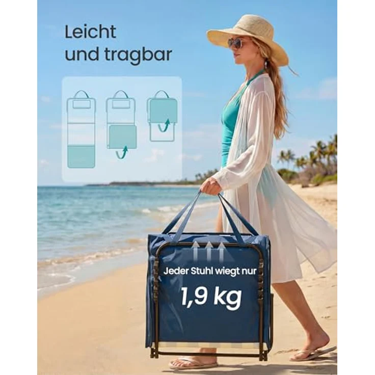 SONGMICS Strandstuhl, 2er Set, Campingstuhl, Sonnenliege, Strandliege, klappbar, verstellbare Rückenlehne, leicht tragbar mit Griff, für Camping, Garten, Pool, 158x55 cm, blau-weiß gestreift – Bild 7