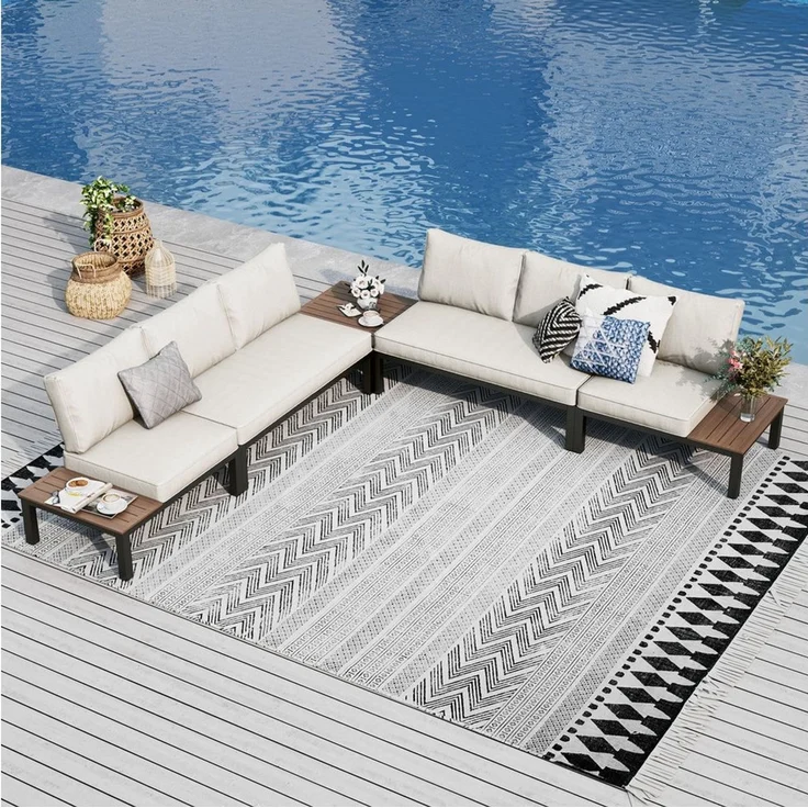 PHI VILLA Gartenlounge-Set, (Gartenmöbel Balkonmöbel mit Verstärkten Kissen und Kaffeetisch), Metall Lounge Möbel Outdoor Gartenlounge, Beige – Bild 1