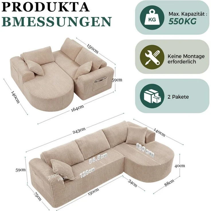 COMHOMA Sofa Ecksofa mit Schlaffunktion, Corduroy Modulares Boneless Couch, mit Chaiselongue, L-Form Schlafsofa, Sektionssofas mit Kissen & Seitentaschen – Bild 3