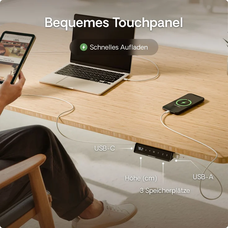 Desktronic HomeOne Elektrisch höhenverstellbarer Schreibtisch 160x80cm Bambus/Grau mit Memory-Funktion, Anti-Kollisions Technologie, USB-A und USB-C-Ladeanschlüssen – Bild 6