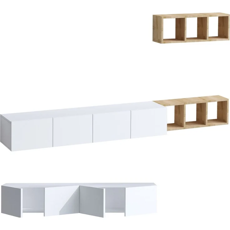 Calicosy TV-Schrank 4 Türen Weiß mit Eichenregal L215 cm - PIA - Weiß – Bild 5