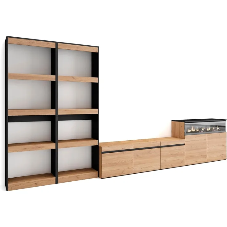 Skraut Home | Wohnwand Wohnzimmer | Wohnzimmermöbel, Möbelset | 370 x 186 x 35 cm | Für TV-Geräte bis zu 65" | Elektrokamin. | Moderner Stil | Eiche Schwarz