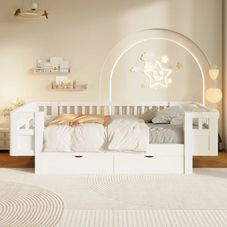 Merax Hochbett 90x200 Kinderbett, mit hohem Schutzgitter & zwei großen Schubladen, Weiß – Bild 5