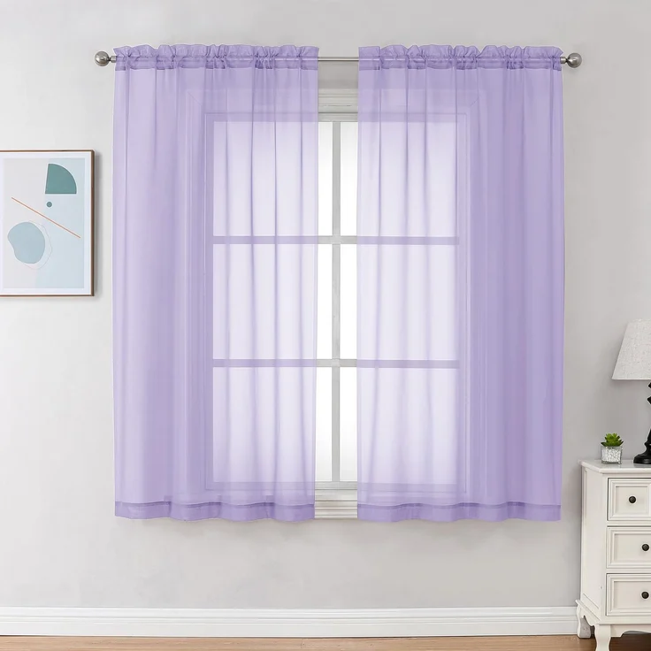 Chyhomenyc Durchsichtige Vorhänge, 114 cm lang, 2 Paneele, lichtfilternde Stangentasche, Voile, Kurze Vorhänge für Wohnzimmer, Schlafzimmer, kleine Fenster, 106x114 cm (B x L), Lila