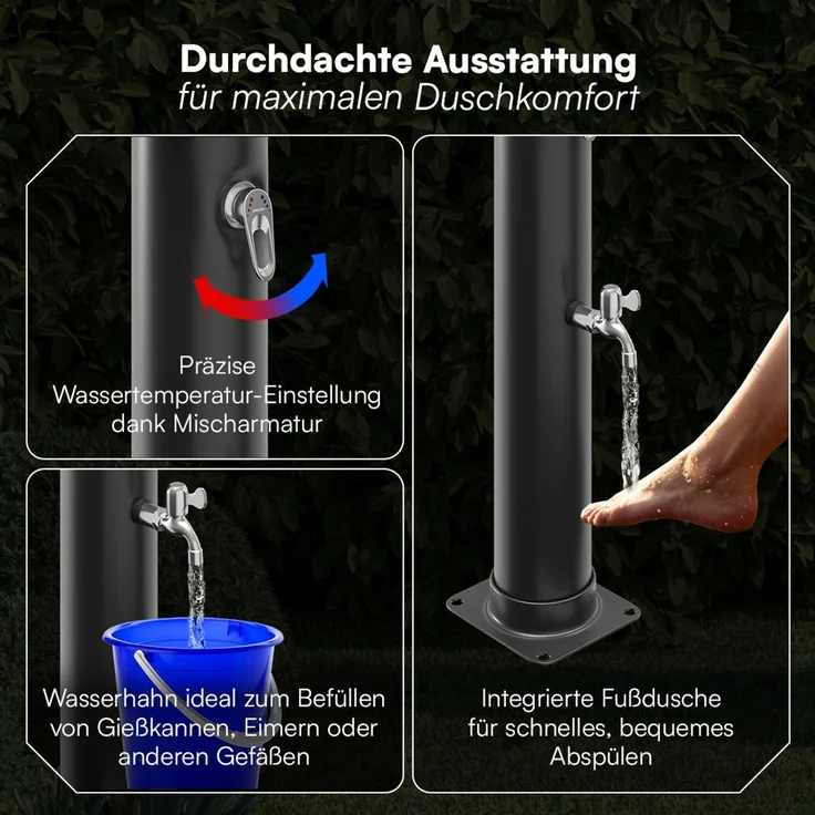 STEELSØN 'Velion' Solardusche 20 Liter, schwarz, warmes Wasser bis 60°C, Gartendusche mit schwankendem Regenduschkopf und Wasserhahn, Outdoor Dusche inkl. Schutzhaube – Bild 5