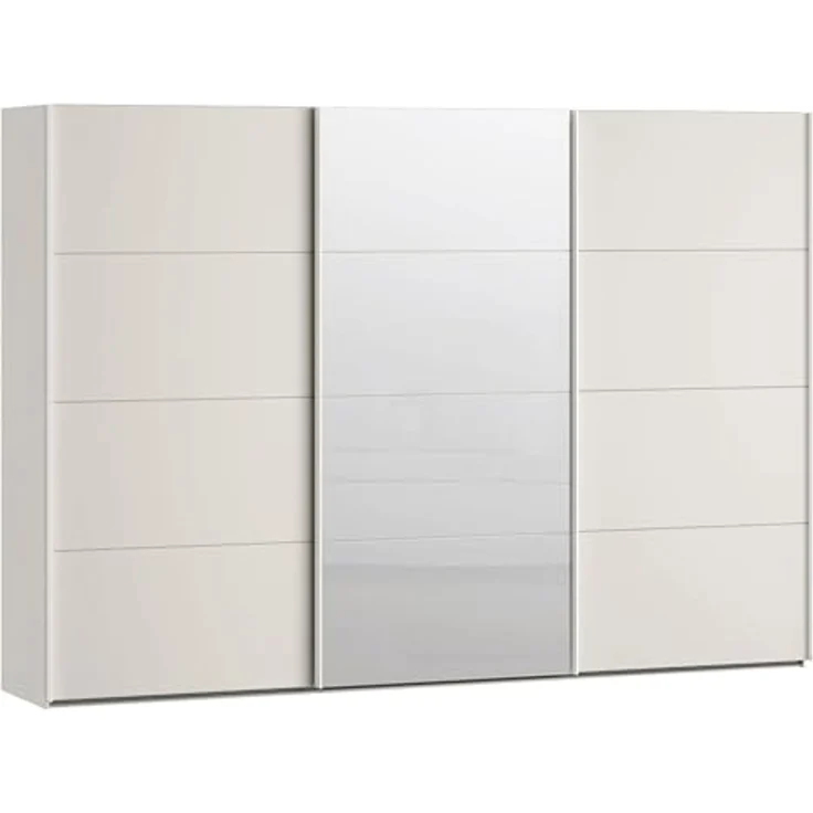 Forte SOPHISTISPACE Kleiderschrank 300, moderner Schwebetürenschrank, 3-türig, Einlegeböden, Kleiderstangen, Spiegel, Holzwerkstoff, Kaschmir|Beige, 299,8 cm breit x 210,5 cm hoch x 62,9 cm tief – Bild 1