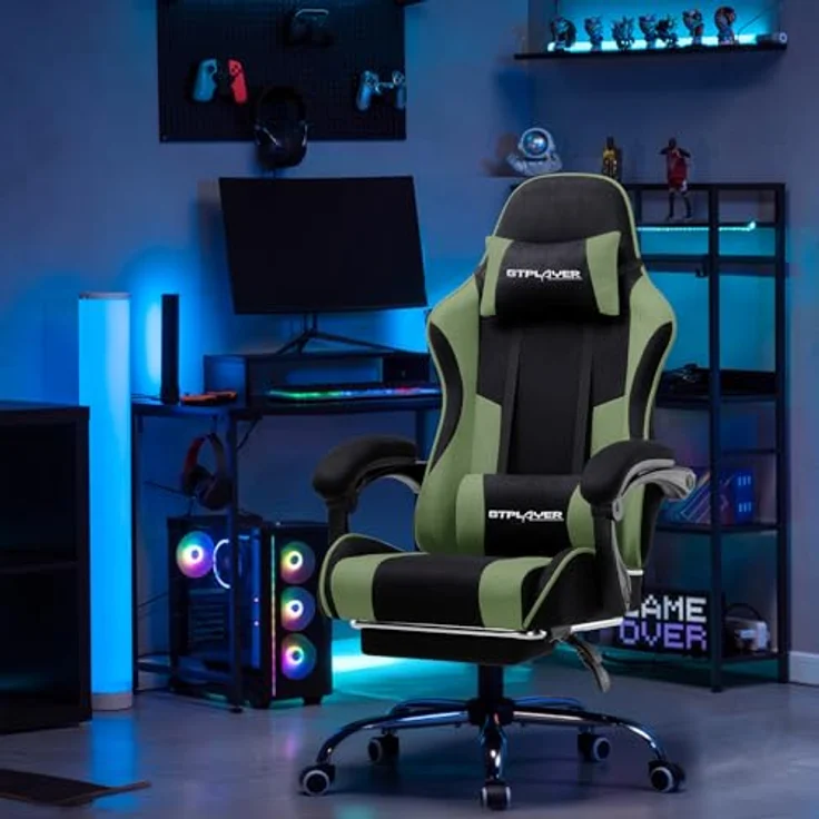 GTPLAYER Gaming Stuhl, Bürostuhl, Ergonomischer Pc Stuhl, Gaming Sessel mit Massagelendenwirbelstütze, Task Stühle mit Fußstütze und Kopfstütze, Grün Stoff – Bild 9