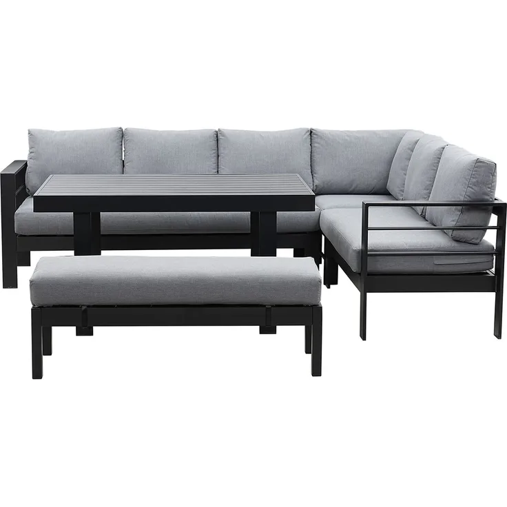 MeXo Gartenlounge-Set, (Aluminium XXL Lounge Gartenmöbelset für 6-8 Personen, 5-tlg, 12 cm Sitzkissen & 15 cm Rückenpolster), großer Esstisch 130×80×67,5 cm, pflegeleichter Polywood-Tischplatte