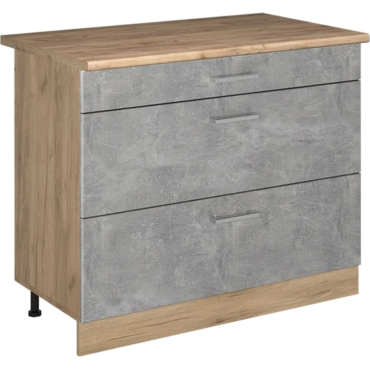 Küchenunterschrank R-Line Beton/Goldkraft Eiche 100 cm Arbeitsplatte Goldkraft Eiche Vicco – Bild 1